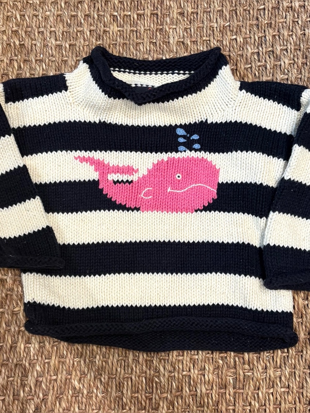 12m Chatham T Co Rolledneck Sweater Navy stripes with Pink Whale